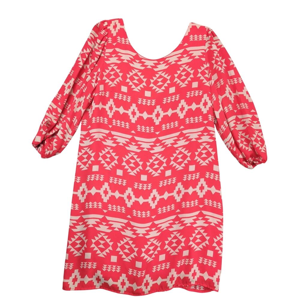 Takara Red Beige Aztec Dress Sz XL Back Bow Ruffle Knee-Length Sheer Puff Sleeve